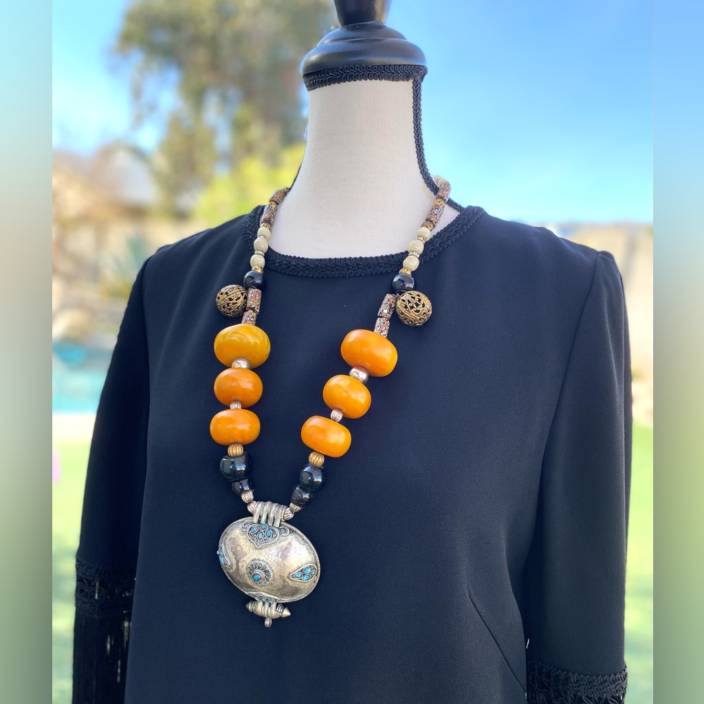 Antique Berber Large Copal Amber Beaded Necklace With Pendant From Morocco